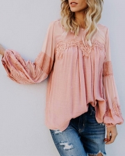 Round Neck Stitching lace Lantern Sleeve Loose Blouse