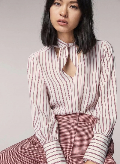 V Neck Long Sleeve Striped Printed Blouse zecalaba.com