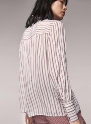 V Neck Long Sleeve Striped Printed Blouse