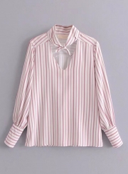 V Neck Long Sleeve Striped Printed Blouse