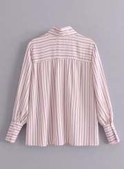 V Neck Long Sleeve Striped Printed Blouse