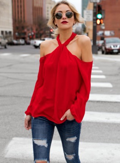 Halter Off Shoulder Long Sleeve Loose Blouse zecalaba.com