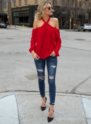 Halter Off Shoulder Long Sleeve Loose Blouse