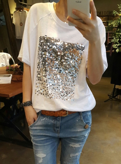 Sequin Decoration Short Sleeve Tee Shirt zecalaba.com