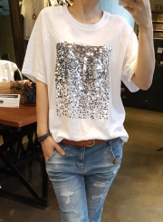 Sequin Decoration Short Sleeve Tee Shirt