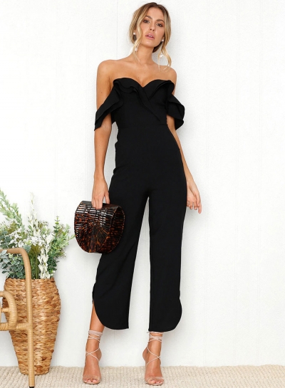 Off Shoulder Backless Flounce Sleeve Slit Jumpsuits