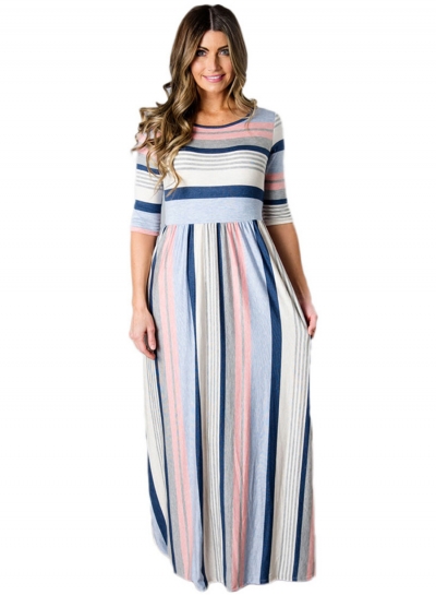 Fashion Round Neck Half Sleeve Striped Printed Maxi Dress YOYOTSHOP.com