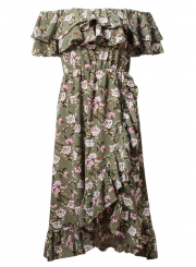 Slash Neck Off Shoulder Flounce Floral Printed Dress