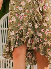 Slash Neck Off Shoulder Flounce Floral Printed Dress