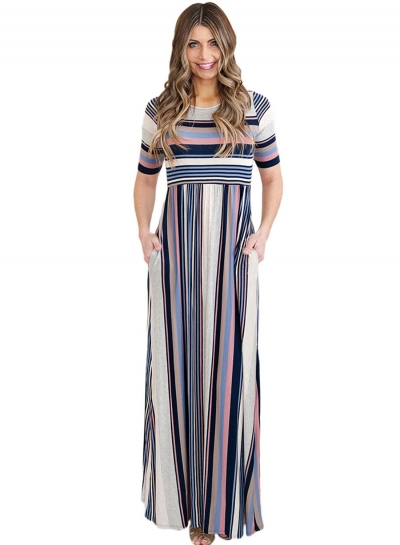 Fashion Round Neck Half Sleeve Striped Printed Maxi Dress YOYOTSHOP.com