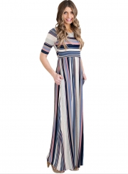 Fashion Round Neck Half Sleeve Striped Printed Maxi Dress