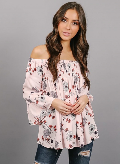 Slash Neck Off Shoulder Flare Sleeve Floral Printed Blouse zecalaba.com