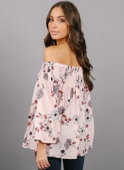 Slash Neck Off Shoulder Flare Sleeve Floral Printed Blouse