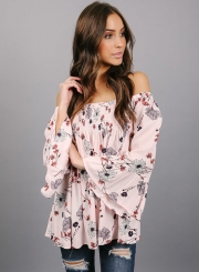 Slash Neck Off Shoulder Flare Sleeve Floral Printed Blouse