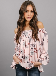 Slash Neck Off Shoulder Flare Sleeve Floral Printed Blouse