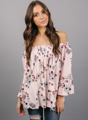 Slash Neck Off Shoulder Flare Sleeve Floral Printed Blouse