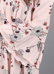 Slash Neck Off Shoulder Flare Sleeve Floral Printed Blouse