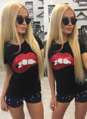 Fashion Round Neck Short Sleeve Sequin Tee Shirt