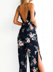 Spaghetti Strap Backless Slit Floral Printed Jumpsuits