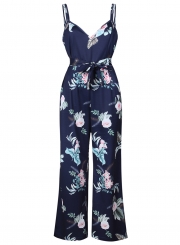 Spaghetti Strap Backless Slit Floral Printed Jumpsuits