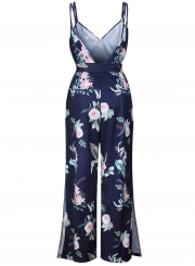 Spaghetti Strap Backless Slit Floral Printed Jumpsuits