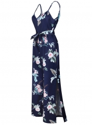 Spaghetti Strap Backless Slit Floral Printed Jumpsuits