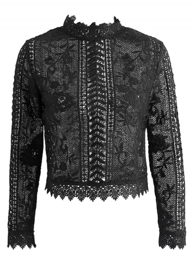 Fashion Stand Collar Long Sleeve Cut out Lace Blouse zecalaba.com