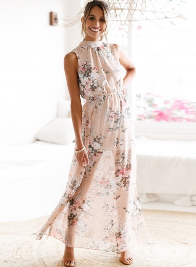 Fashion Halter Backless Slit Floral Printed Maxi Dress zecalaba.com