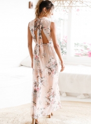 Fashion Halter Backless Slit Floral Printed Maxi Dress