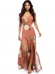 Casual V Neck Backless Slit Floral Printed Maxi Dress