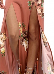 Casual V Neck Backless Slit Floral Printed Maxi Dress