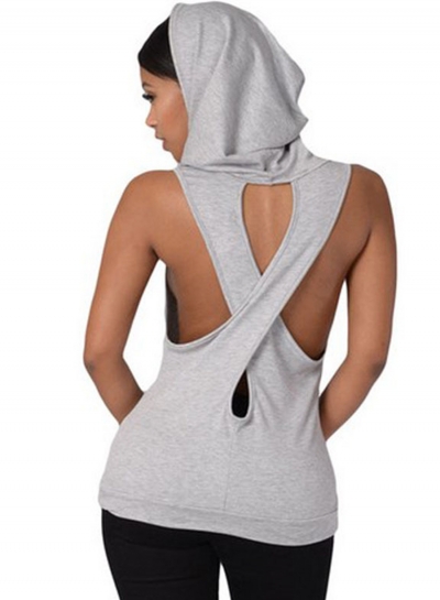 Hooded Back Cross Sleeveless Tee Shirt zecalaba.com