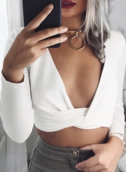 V Neck Long Sleeve Cross front Crop Top