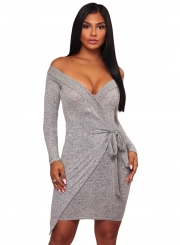 V Neck Long Sleeve Tie Waist Knit Dress