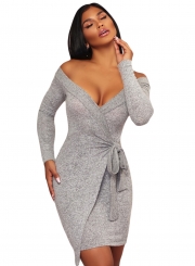 V Neck Long Sleeve Tie Waist Knit Dress