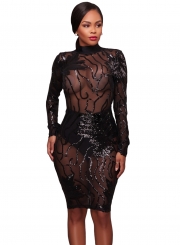 Sequins High Neck Transparent Bodycon Dress