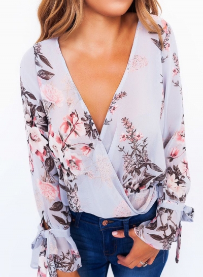 V Neck Long Sleeve Floral Printed Blouse zecalaba.com