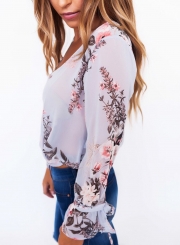 V Neck Long Sleeve Floral Printed Blouse