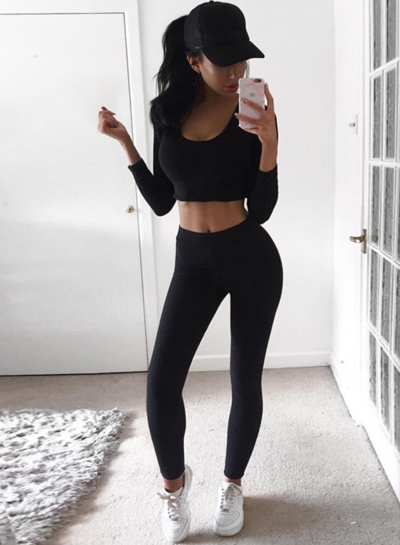 Long Sleeve Crop Top Leggings 2 Piece Sports Set YOYOTSHOP.com