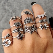 Fashion 12 Pieces Leaf Feather Round Finger Rings Multiple Sets Of Rings