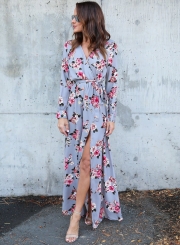 Spring Sexy Slit Floral printing Long Sleeve V Neck Maxi Dress