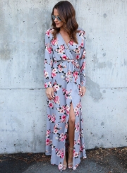 Spring Sexy Slit Floral printing Long Sleeve V Neck Maxi Dress