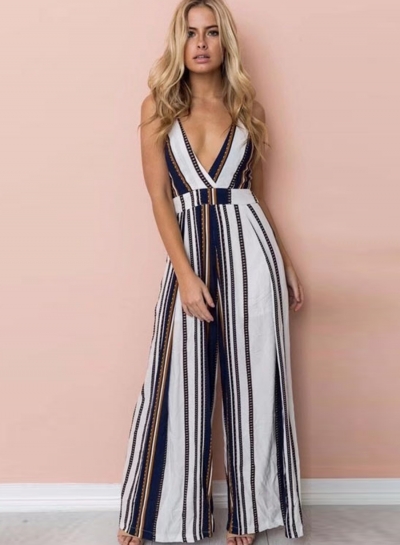 Fashion Spaghetti Strap Jumpsuits Striped Deep V Neck Rompers zecalaba.com