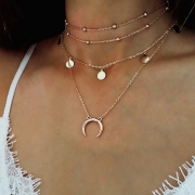 Circle and Moon Form Multilayer Nib Clavicle Pendant Necklace