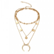 Circle and Moon Form Multilayer Nib Clavicle Pendant Necklace