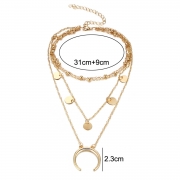 Circle and Moon Form Multilayer Nib Clavicle Pendant Necklace