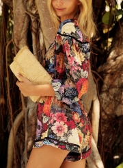 Summer Leisure Floral Printing Half Sleeve Deep V Neck Jumpsuits