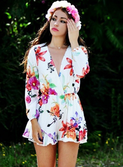 Fashion Long Sleeve Floral Printed Ruffle V Neck Women Jumpsuits