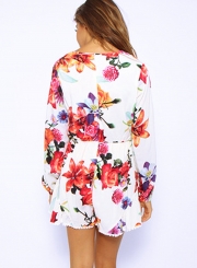 Fashion Long Sleeve Floral Printed Ruffle V Neck Women Jumpsuits