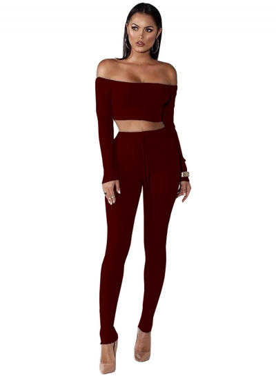 2 Piece Off Shoulder Long Sleeve Crop Top and Legging Sets zecalaba.com